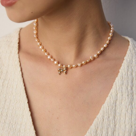🎀 Artisan Original Pink Pearl & Bow Choker Necklace | S925 Gold Coquette - Picture 8 of 10